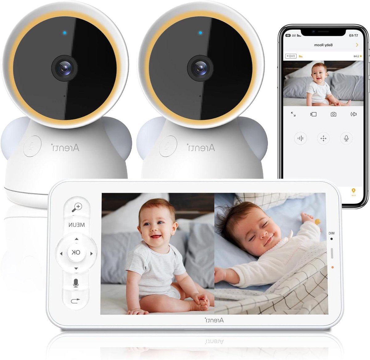 Babyfoon met camera's - Video monitor - Baby bewaken - Automatische tracking - 5 inch scherm - Wit