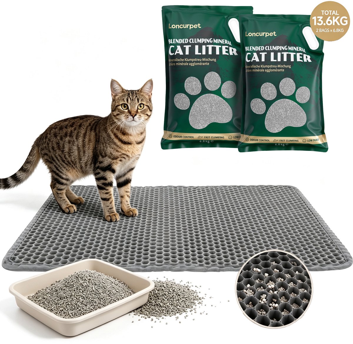Loncurpet Kattenbakmat - Kattenbak mat Met Natuurlijk Ruw Erts Kattenbakvulling - 60x40cm Grijs - Grit opvanger Met Kattenbakvulling Opvang ruimte - Honingraatstructuur - Waterdicht - Eco friendly - Uitloopmat