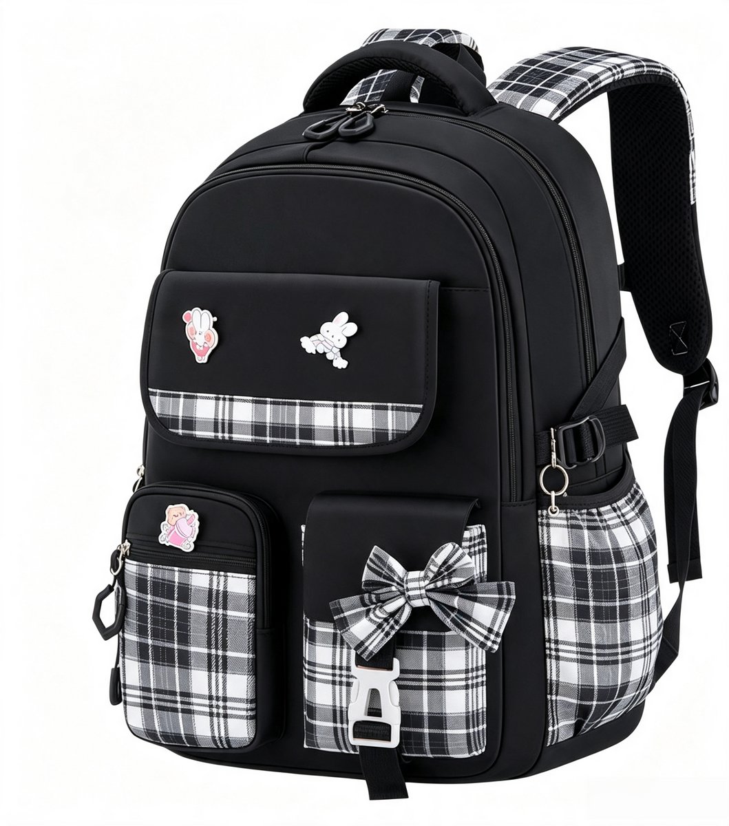 Casalora Rugzak - Geruit Schooltas voor Meisje - S (Groep 1–3） - Hoogte 41cm - Voor kinderen van 115 tot 130 cm - Zwart