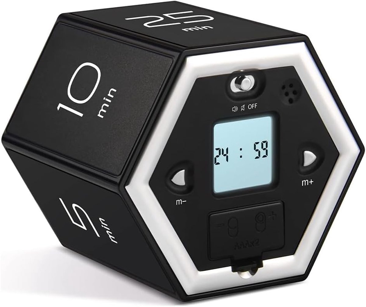 Zeshoekige flip-timer met mute-functie en alarmfunctie, keukentimer, eenvoudig te bedienen, tijdmanagement-Pomodoro-timer voor kinderen - zwart