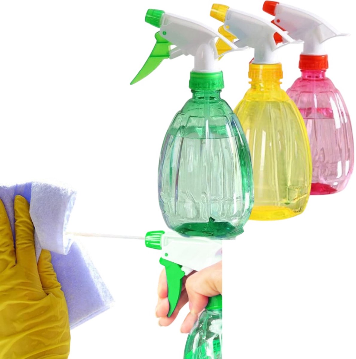 3 stuks - 500 ml transparante spuitfles - dubbele wateruitlaat - gieter - doseerspuitfles - 9*20 cm - voor tuinieren, water geven, huishoudelijke schoonmaak en cosmetica - verkrijgbaar in roze, groen en geel.
