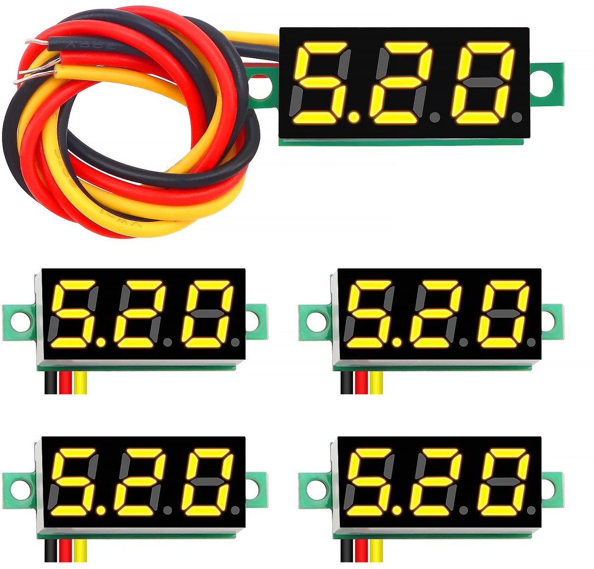 5 Stuks 0.28 Inch Mini Digitale Voltmeter, 0-100V Mini DC Voltmeter met Drie draden, Omgekeerde Polariteit Bescherming en Nauwkeurige Drukmeting (Geel)