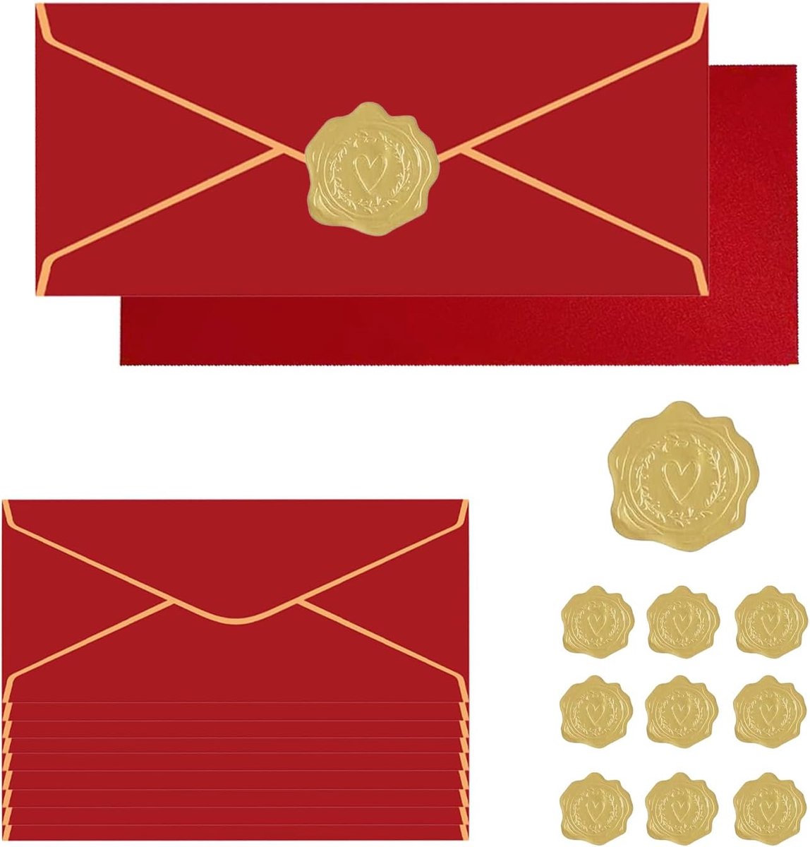 10 uitnodigingsenveloppen met gouden stickers, #10 enveloppen, elegante papeterie voor wenskaarten, bruiloften en feesten, donkerrood, 9,49 x 4,13 inch