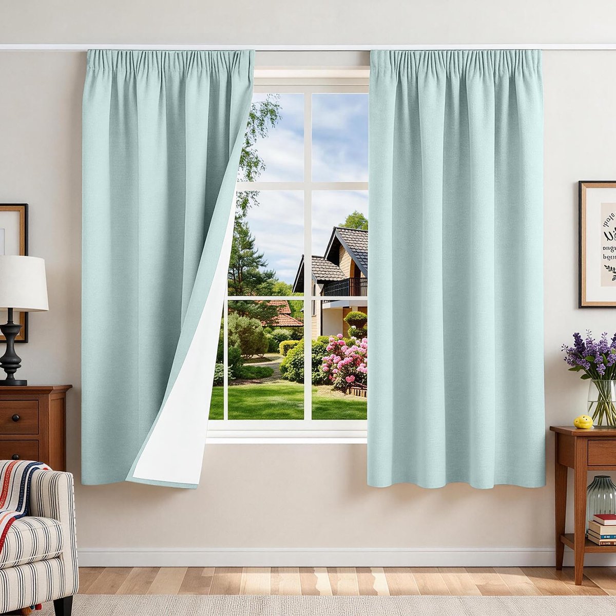 100% verduisterend gordijn met plooiband, warmte-isolerend, koudebestendig, set van 2, 140 x 175 cm (l x h), linnen gordijnen voor slaapkamerrails, woonkamer, huis, hittebescherming, lawaai