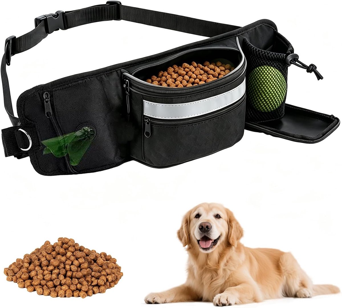 Heuptas voor lekkernijen, multifunctionele heuptas met zakdispenser en reflecterende inzetstukken, tas voor training en wandelingen met de hond