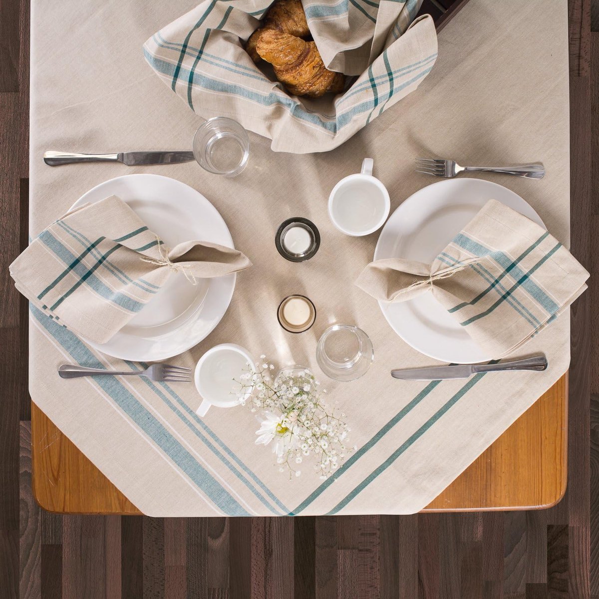Franse Streep Tafelblad Collectie Boerderij Stijl Eettafel Linnen Tafelkleed, 70" Rond, Taupe/Teal