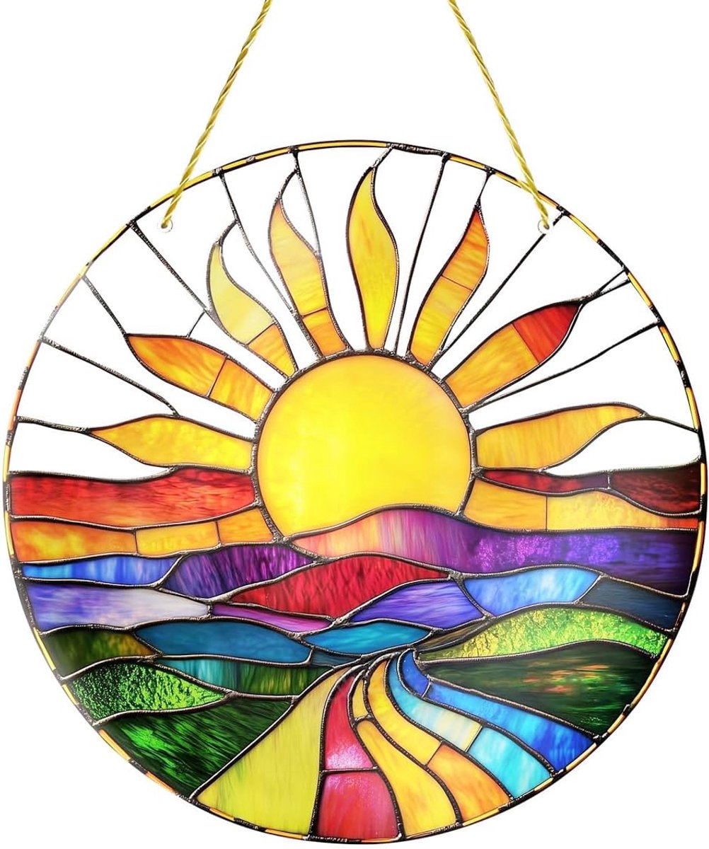 Kleurrijke zonsopgangdecoratie, 20 x 20 cm, groot zonsopgangraam, decoratie om op te hangen, acryl, voor tuin, huis, binnen en buiten