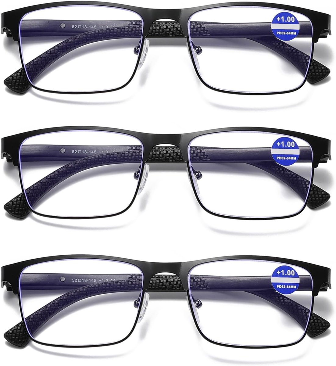 Leesbril voor vrouwen en mannen, vierkant metalen frame, metalen leesbril met veerscharnieren, anti-blauw licht