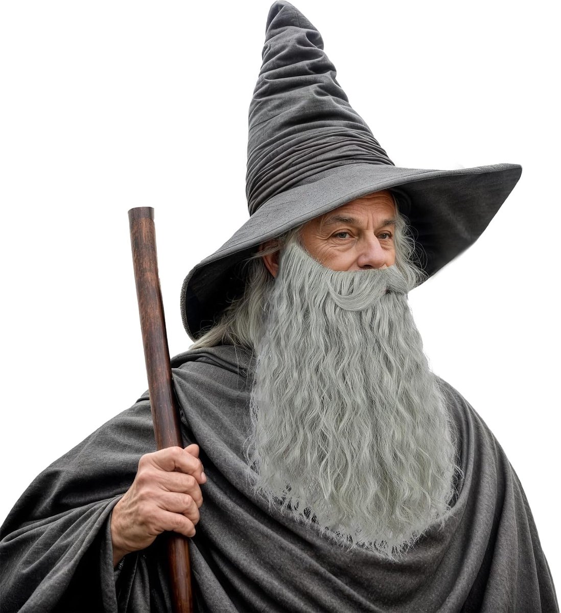 Lange krullende grijze grote baard, heksenmeester, cosplay kostuum, baard voor Halloweenfeest met hittebestendige synthetische vezels