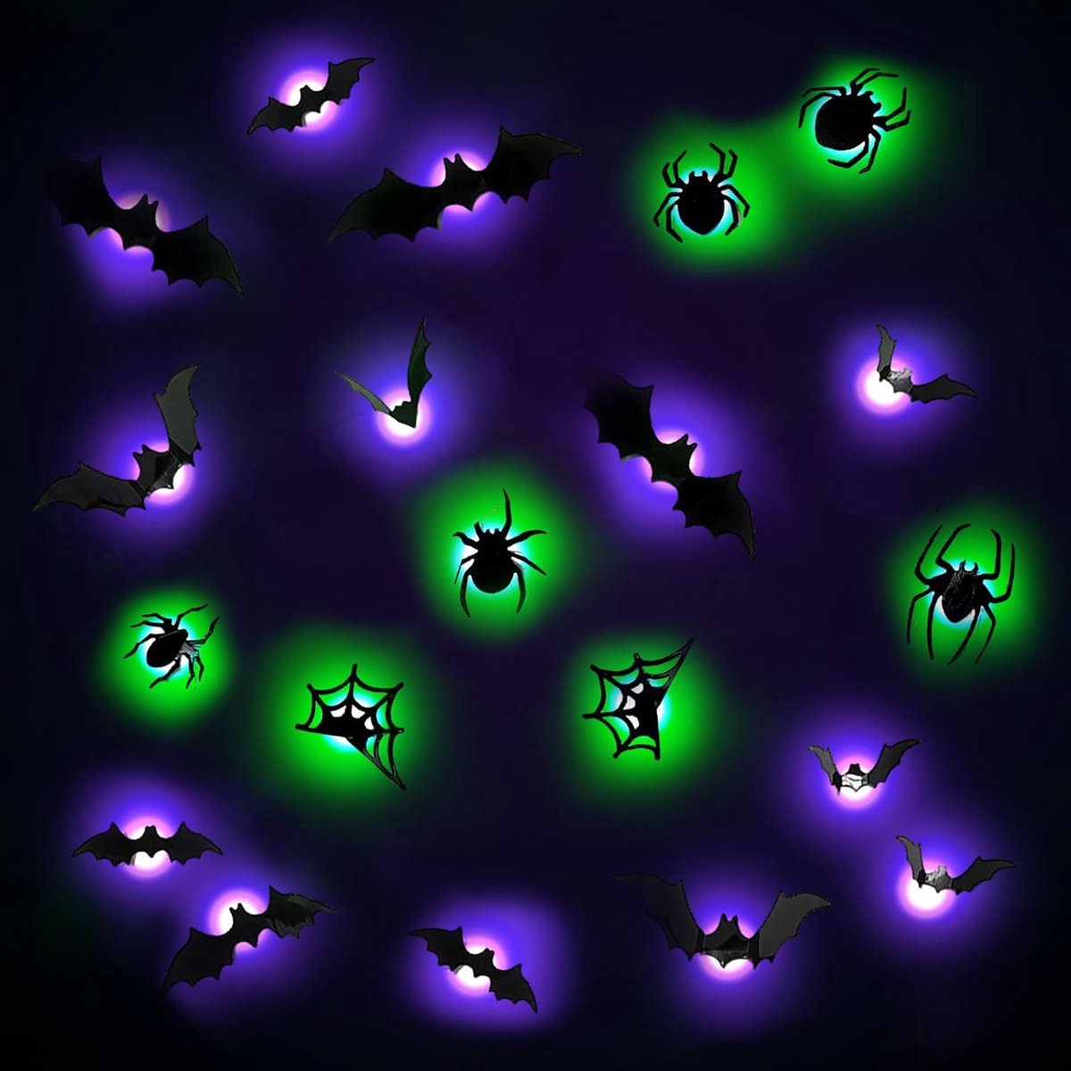 30 stuks Halloween decoratie vleermuis LED paars groen spin decoratie muursticker 3D Halloween vleermuis spin raamdecoratie binnen outdoor tuindecoratie