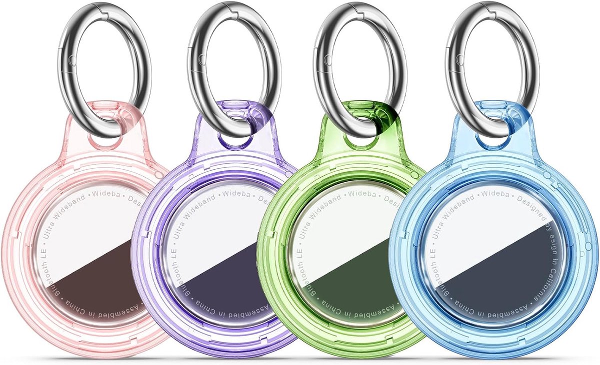 Houder voor AirTag Sleutelhanger, Clear Pink+Purple+Green+Blue | Waterdicht, Draaisluiting, Kras- en valbestendig, Geen signaalverlies. Geschikt voor fiets en huisdier, Materiaal: PC+TPU