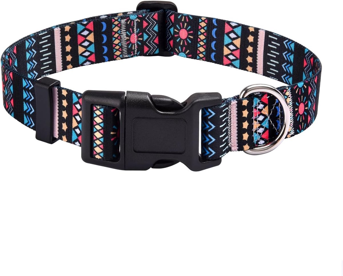 Zachte hondenhalsband in etnische stijl, verstelbaar, voor kleine, middelgrote of grote honden, met Boheemse, bloemen, tribal, geometrische patronen (zwart, Boheems, L)
