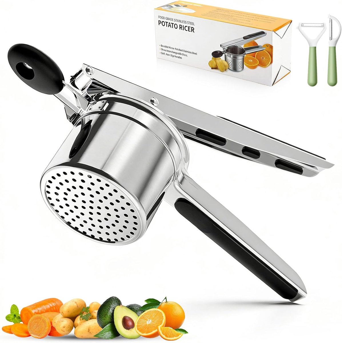 Aardappel Ricer roestvrij staal met 4 schijven (1 ingebouwd + 3 uitwisselbaar) & dunschiller set, zware puree pers voor gladde aardappelen, groenten en babyvoeding - Easy-Grip handvat & keuken