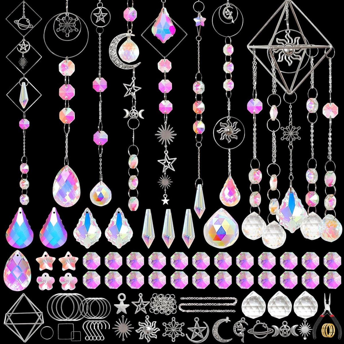 Suncatchers 330 stuks DIY Suncatcher Making Kits Kunst en Ambachten Zonnevangers voor Ramen met Ketting Ster Zon Maan Hangers Kristallen Bal Regenboog Maker Drop Prisma Auto Tuin