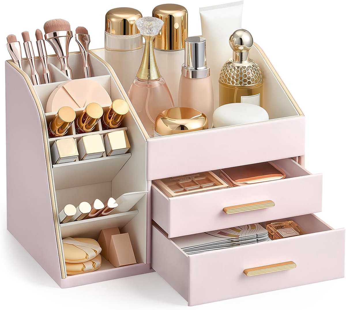 Make-up Organizer Aanrecht met laden, gemakkelijk schoon te maken PU lederen opbergdoos, 3-laags cosmetische houder voor huidverzorging, lippenstift, parfum en borstel, vitrine voor kaptafel