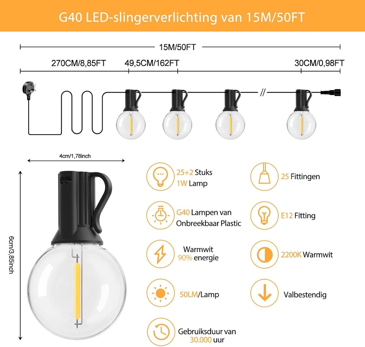 Lichtsnoer voor Buiten - Zwart - 15m - LED Lichtketting met Onbreekbare Lampen - Voor Feesten en Terras