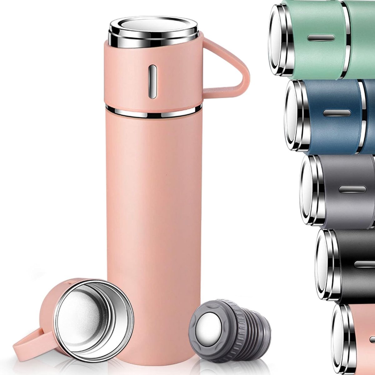 Wishdor RVS Thermosfles Set 500 ml - Inclusief 3 Drinkbekers - Dubbelwandige Isolatie (12u Warm/Koud) - 100% Lekvrij - Roze - Cadeau Set