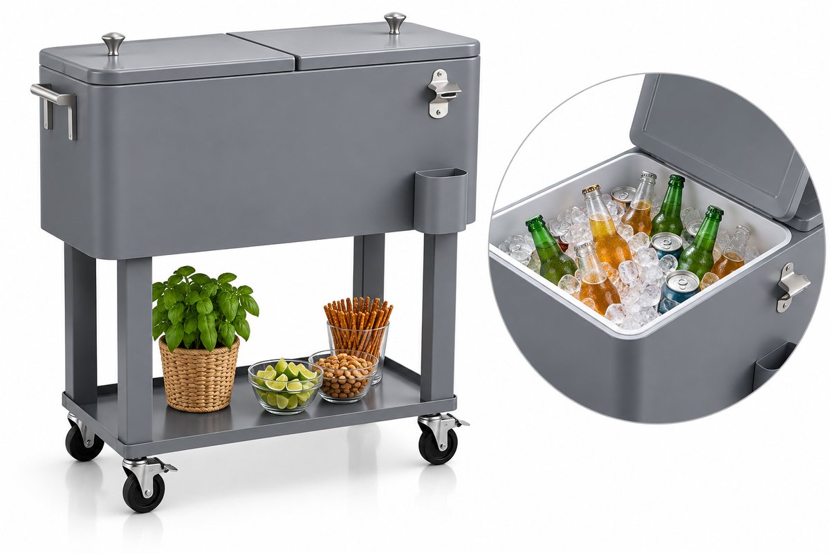 Jurrys Koelwagen - Koelbox - Drankkoeler - Buitenkoeler - Inclusief fles opener - Op wielen - Terras - inhoud 56L - Grijs