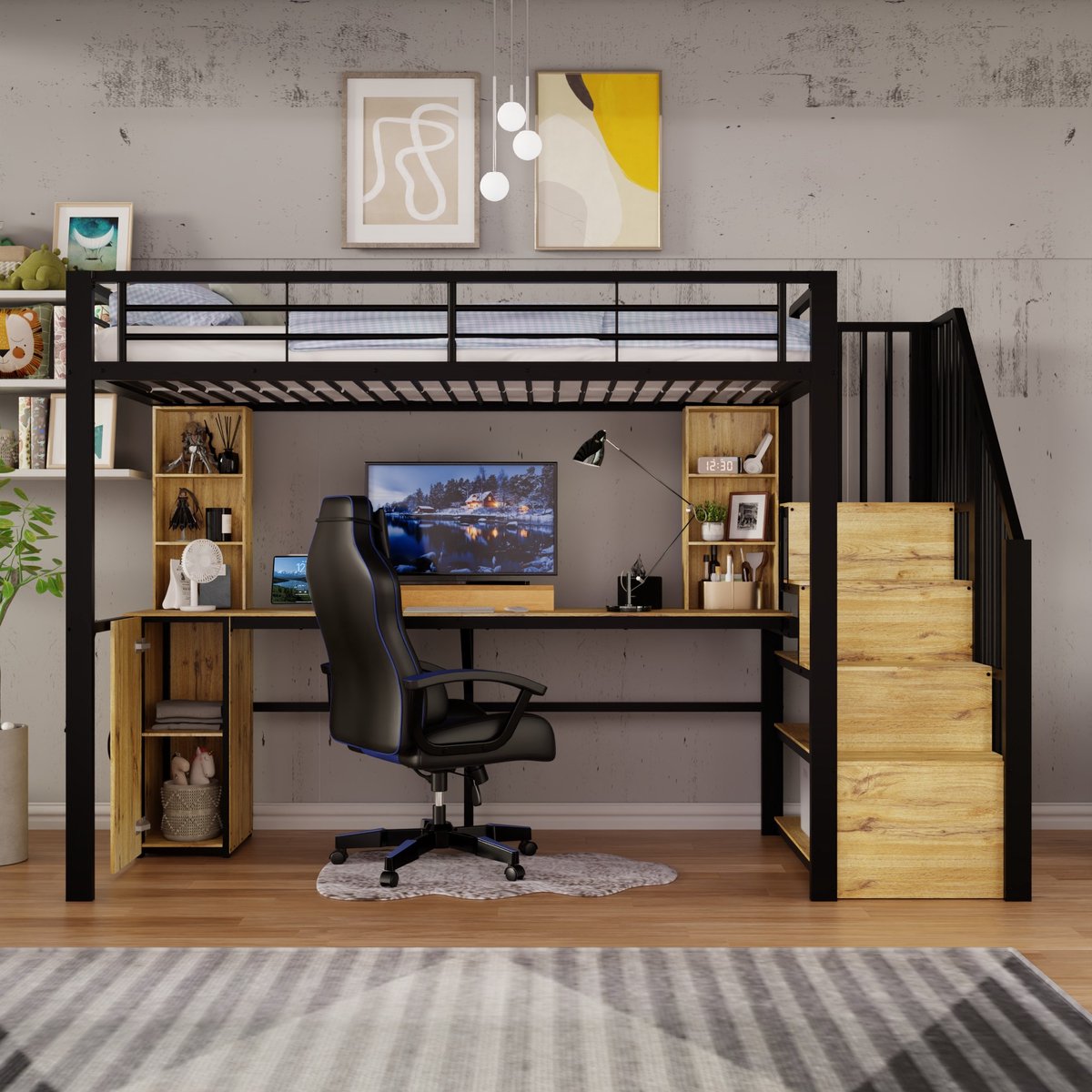 Sweiko Hoogslaper - 90 x 200 cm - Metalen frame - Met bureau - Oplaadpunt - Opbergplank - Zwart