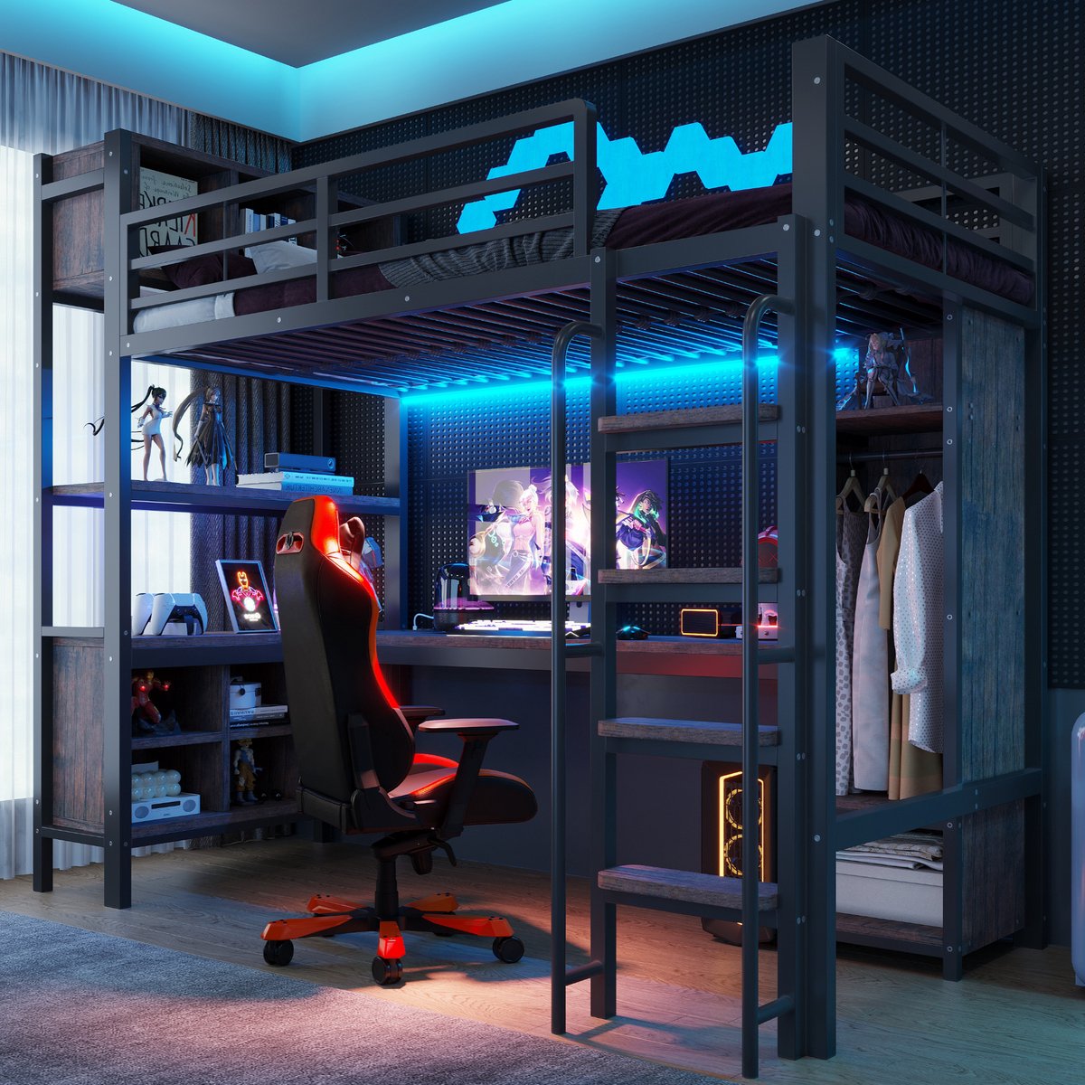 Hoogslaper Met Bureau (90 X 200 Cm), Kinderbed, Kledingkast, Opbergvakken, Ledverlichting, Stopcontacten Volgens Europese Norm En Hoge Veiligheidsleuning, Gamingstijl