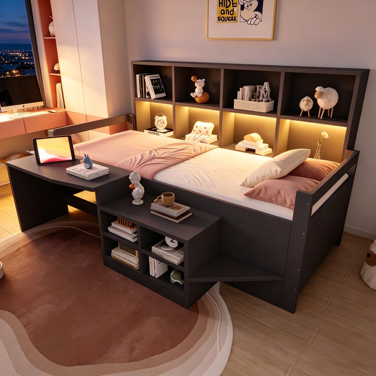 Kinderbed 90×200 cm, Eenpersoonsbed, Multifunctioneel Bed, Bureau Met Opbergruimte En Stopcontacten, Voorzien Van Ledverlichting En Opbergvakken Met Meerdere Niveaus, Eenpersoonsbed Van Massief Hout, Tienerbed, Grijs