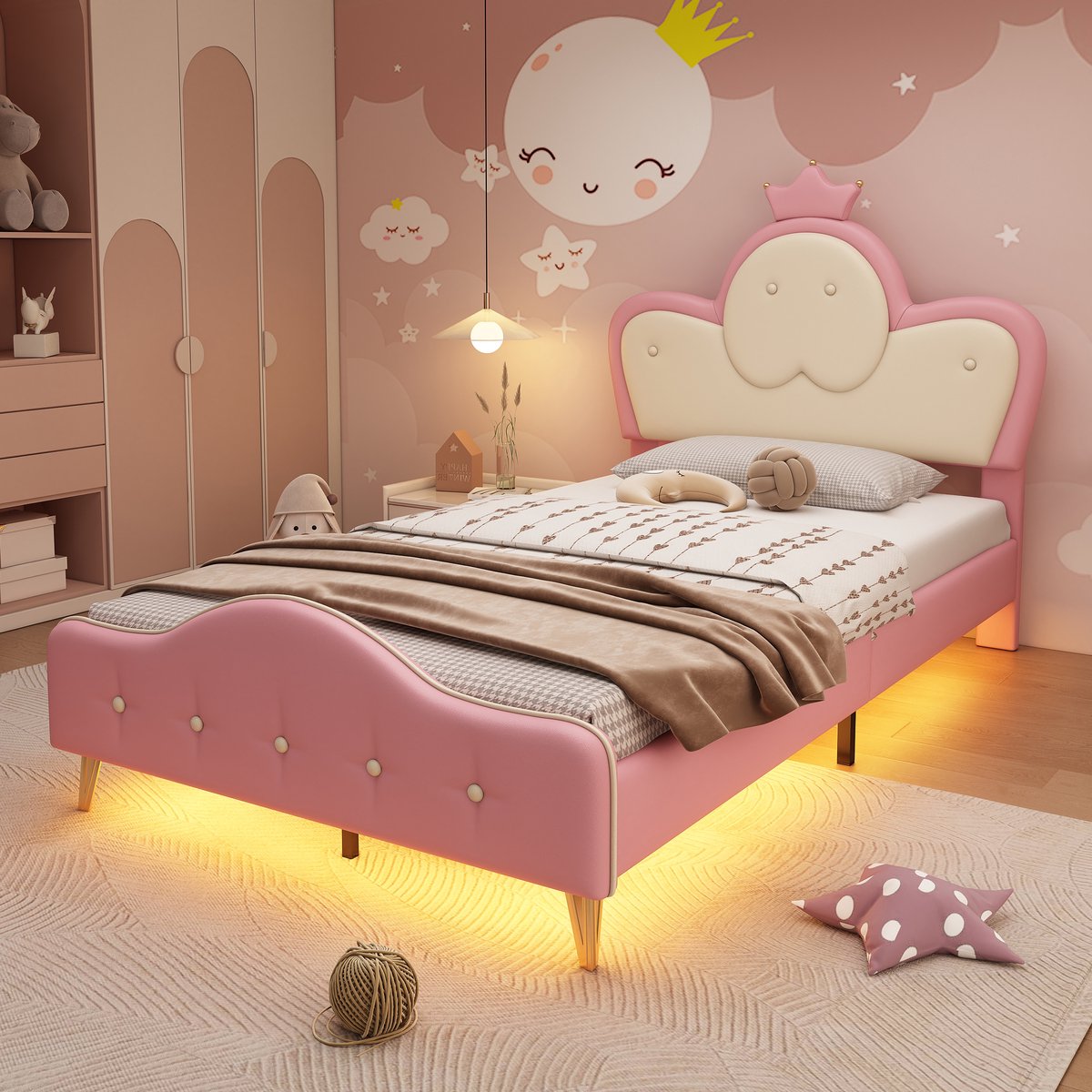 Kinderbed - voor matras 90 x 200 cm - wit en roze - met LED-verlichting en lattenbodem - matras niet inbegrepen - voor de slaapkamer