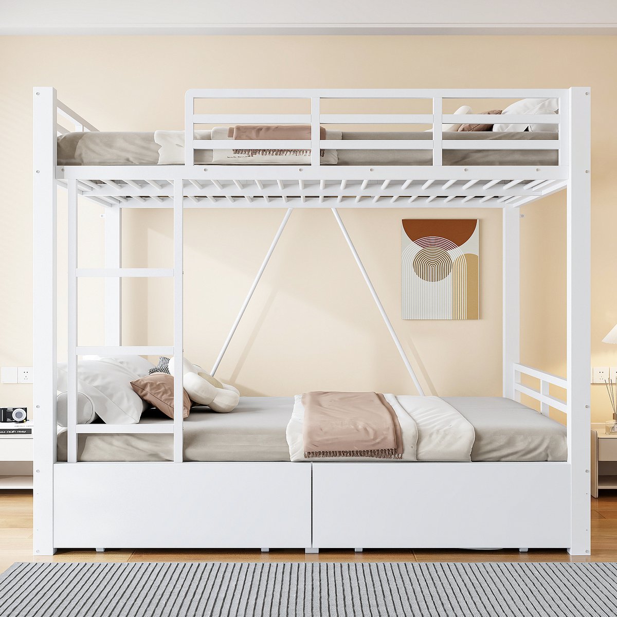 VVBV Stapelbed 140x200 cm - Uitvalbeveiliging, Opbergtrap, Met Lades, Ruimtebesparend - Wit, Metaal