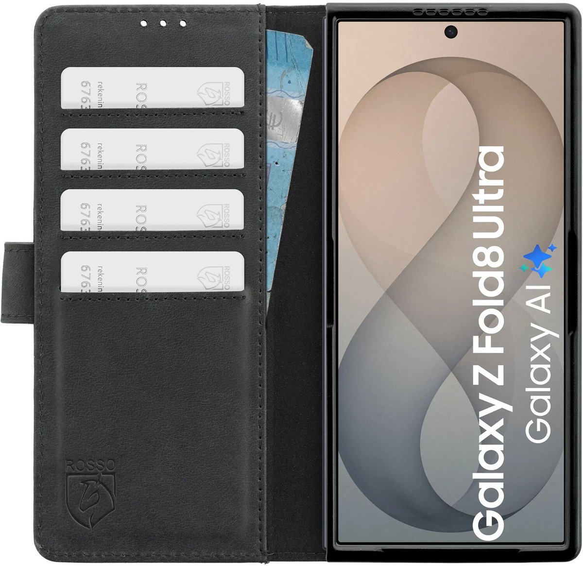Rosso Deluxe Echt Leer Hoesje Geschikt voor Samsung Galaxy Z Fold 8 Ultra | Ruimte voor drie pasjes | Portemonnee Book Case | Met Pasjeshouder | Zwart
