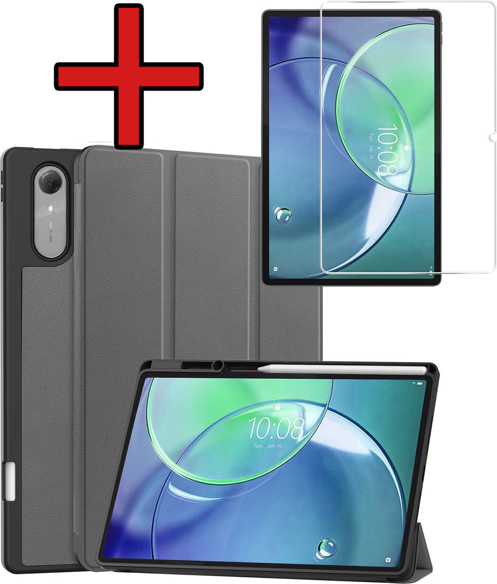 Hoesje - Geschikt voor Lenovo Idea Tab Pro Gen 2 - Met Screenprotector - Trifold Bookcase Hoes - Hard Cover Case - Met Uitsparing Geschikt voor Lenovo Pen - Hardcover Book - Tablethoes - Grijs