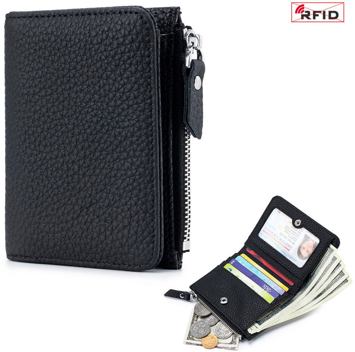 Claoner RFID dames portemonnee - Dubbele vouw - Met rits en documentvenster - Lederen - Zwart