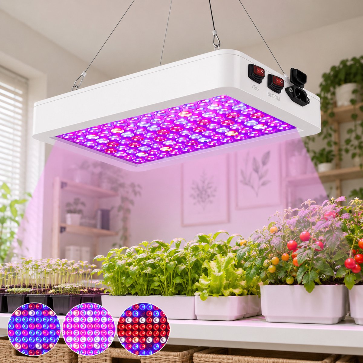 Rosnek LED Kweeklamp - Full Spectrum Groeilamp voor Planten - VEG/BLOOM Dubbele Schakelaar - Hangend Paneel met Verstelbaar Ophangsysteem - Plantenlamp voor Kamerplanten en Zaailingen - 47 W - Wit