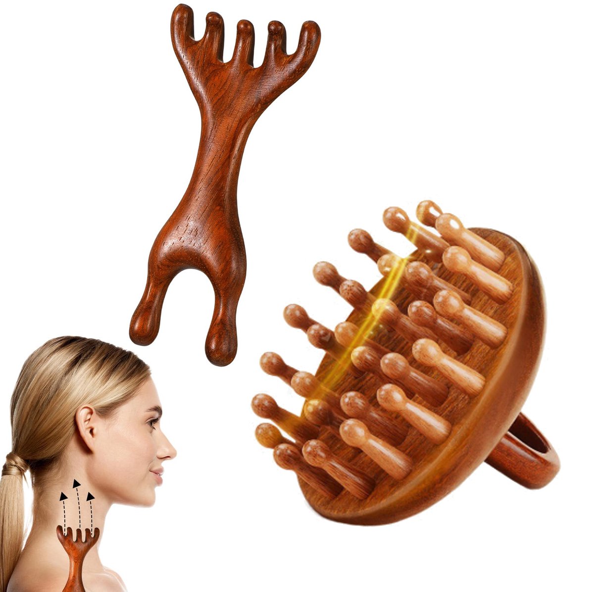 2 Delige Houten Hoofdhuid Massage Set - Houten Haar Kam van Sandelhout - Antistatisch & Ontklittend – Natuurlijke Sandelhouten Massagekam – Luxe Sandalwood Edition - Cadeautje vrouw