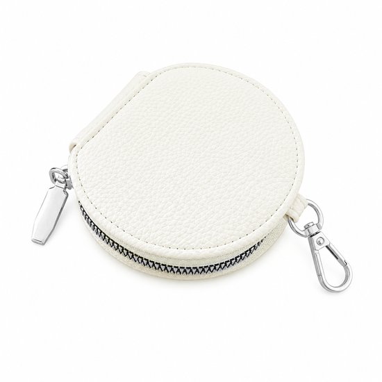Crème kleurig rond portemonneetje met zilveren rits en clipsluiting.