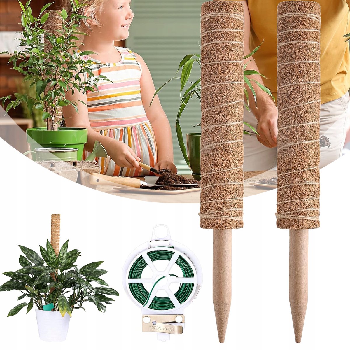 Monstera Plantensteun 40 cm - Natuurlijk Kokosvezel In Hoogte Verstelbaar - Helpt Water En Voedingsstoffen Vast Te Houden Bevordert Grotere Bladeren - Houten Kern