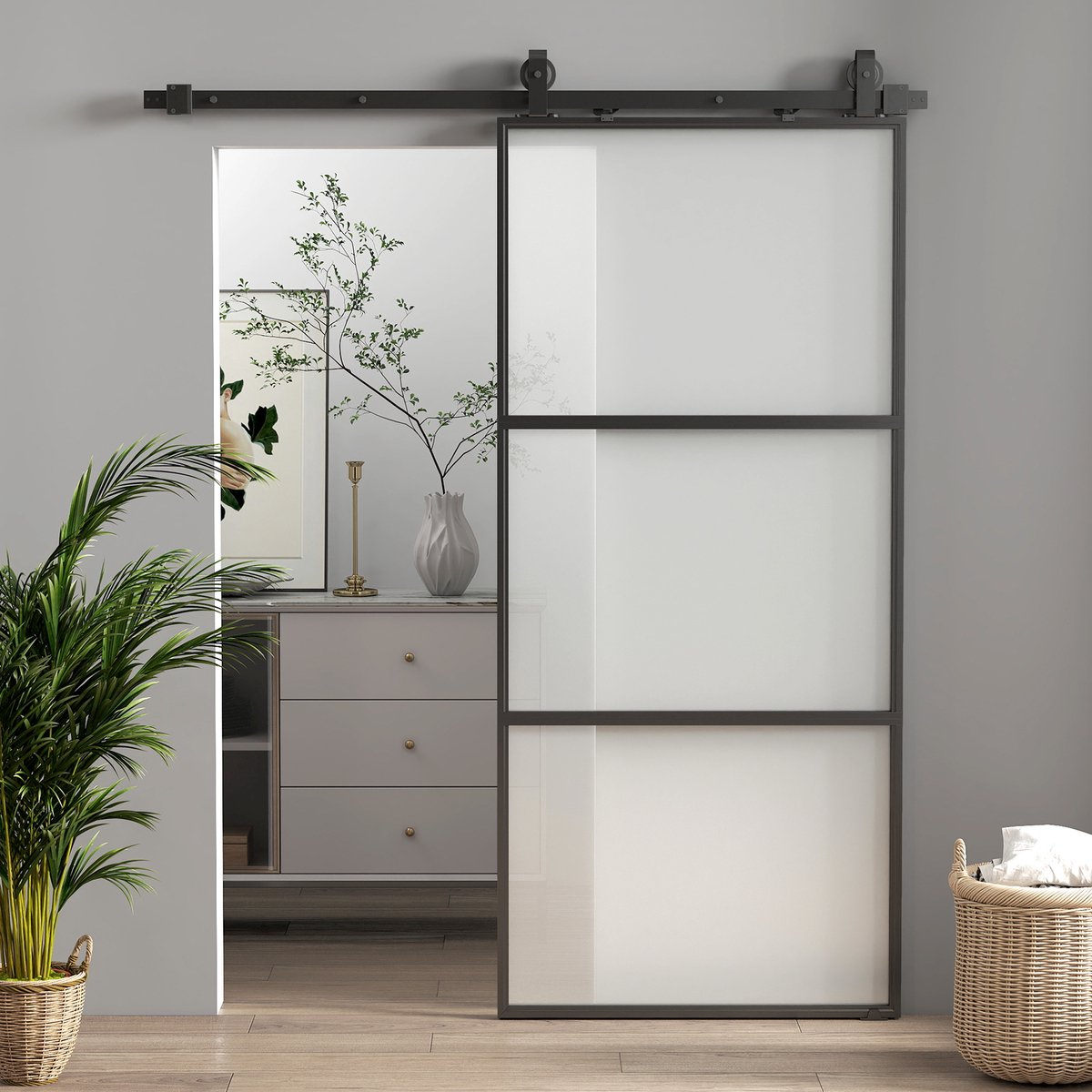 HOMCOM Schuifdeur Staal, gehard glas 91,4L x 4B x 203,2H cm Zwart