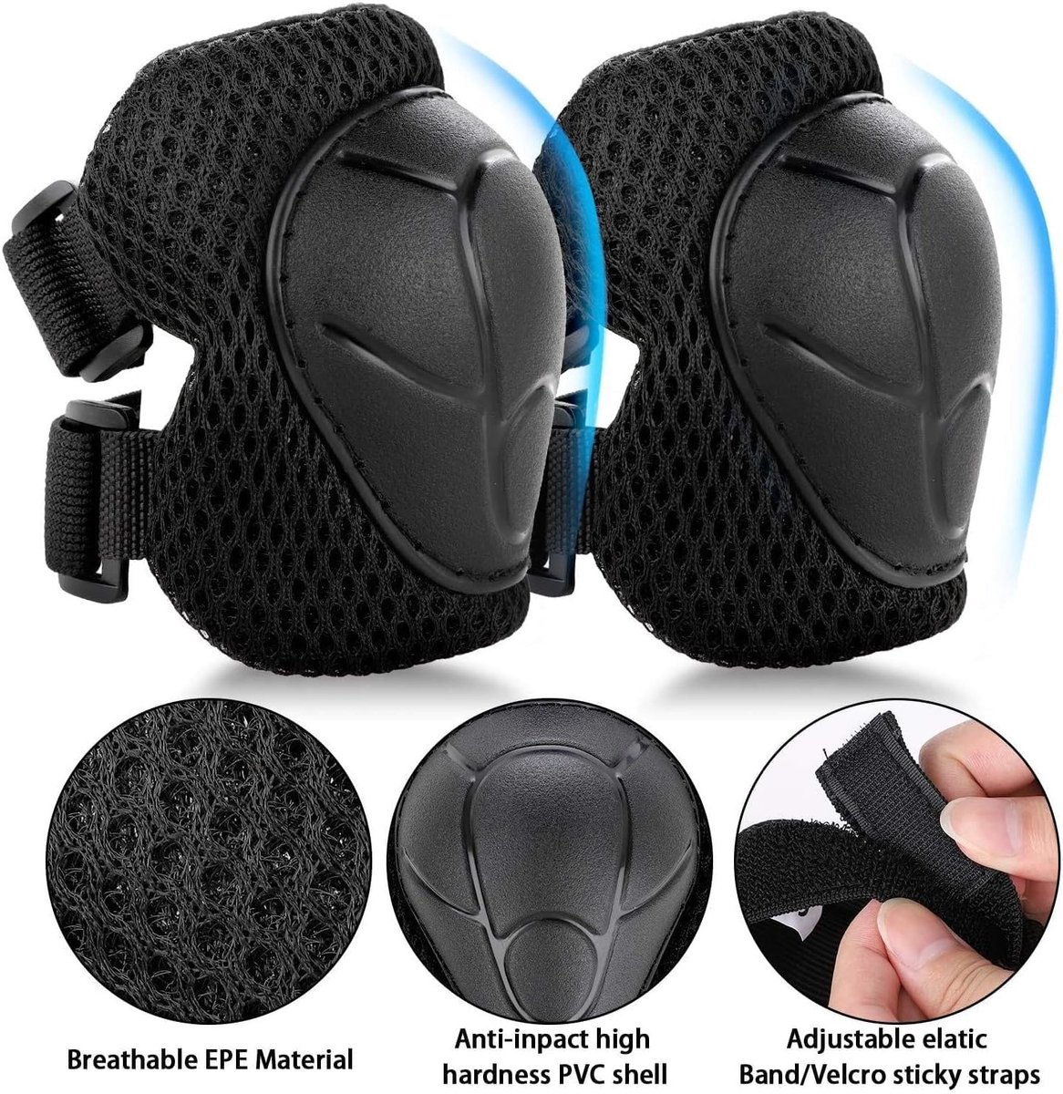 Set van 6 zwarte kniebeschermers voor meisjes, ideaal voor inline skaten, bescherming voor kinderen van 3 tot 12 jaar, comfortabel en duurzaam