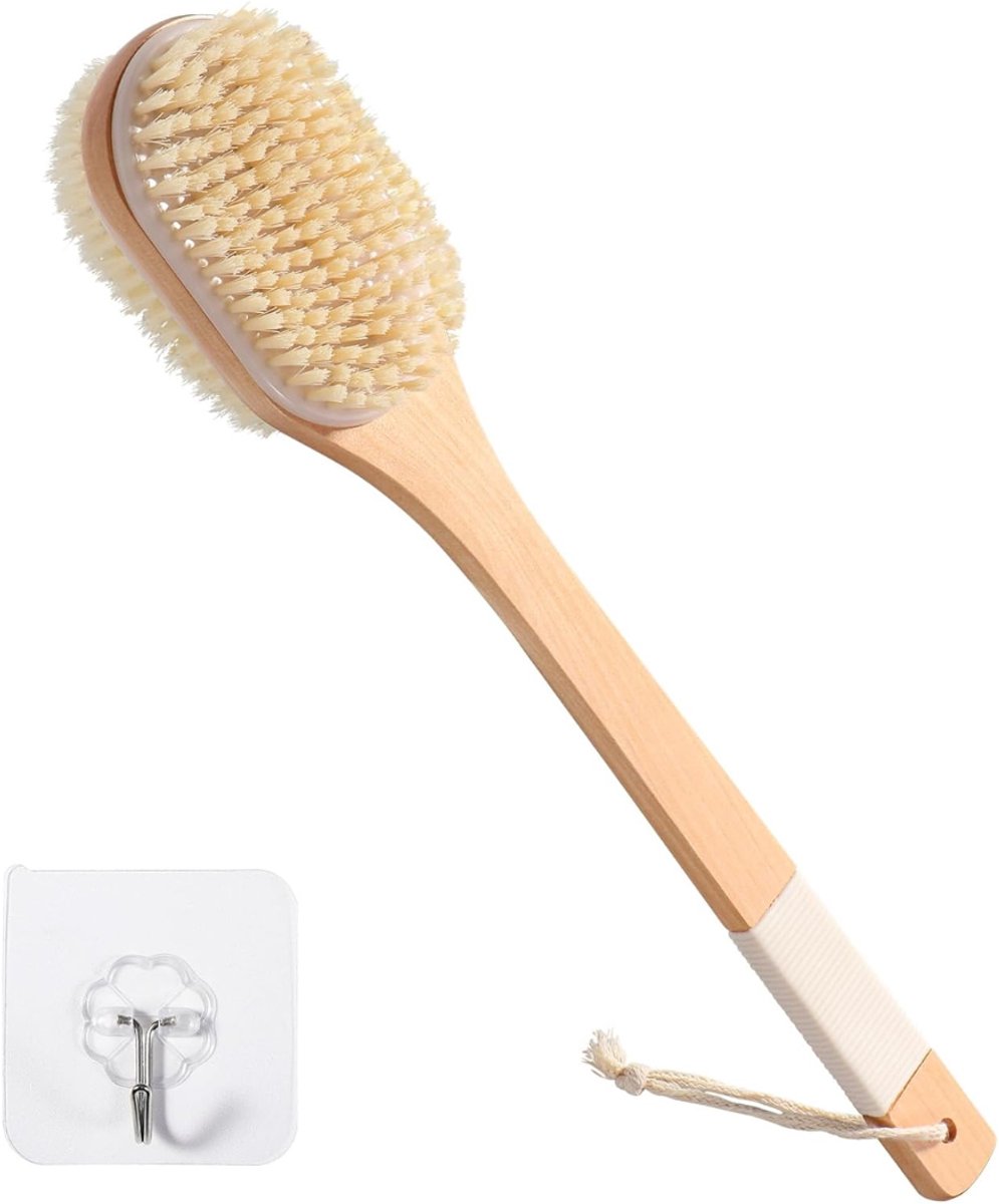 SNJY® Rugborstel Douche met Steel - Badborstel - Doucheborstel - 43 cm - Hout - Bruin