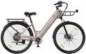 Champagne gouden elektrische stadsfiets met mand voorop en bagagedrager achterop.