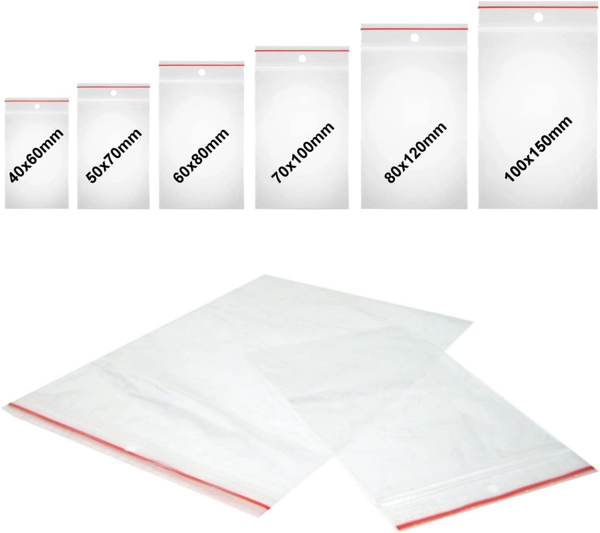Set van 600 Zip-Lockzakken - Transparant - 40 x 60 mm tot 100 x 150 mm - Hersluitbare Plastic Verpakkingszakken - Voor Voedsel en Organisatie
