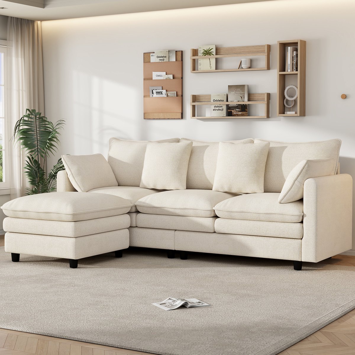Woonkamer Hoekbank, L-Bank, 3-Zits Bank, L-Vormige Hoekbank Met 4 Sierkussens En 3 Rugleuningen, 3-Zitsbank Met Chaise Longue, Moderne Woonkamerbank Voor Thuis En Op Kantoor, Draagvermogen Tot 120 Kg, Woonkamerbank 212×150×90 cm - Beige