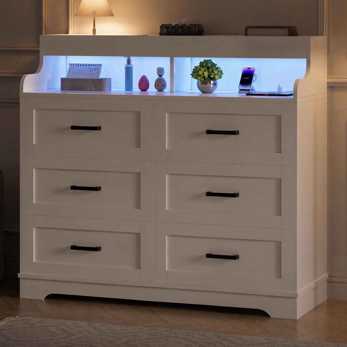 Commode met LED-verlichting, wit, 6 laden, 40 x 110 x 99 cm, moderne bijzettafel, multifunctioneel opbergmeubel voor slaapkamer, woonkamer en hal