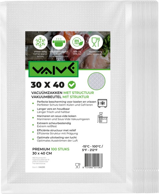 Sacs sous vide Vaive blancs de 30x40 cm, sans BPA, résistants au congélateur et à la chaleur jusqu'à 100°C. 100 pièces.