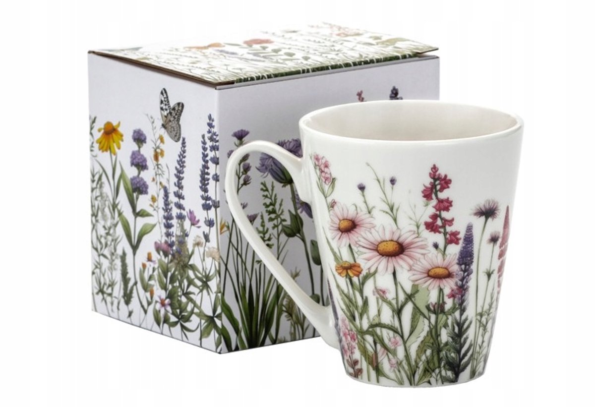 Merkloos Porseleinen Mok 330ml - Botanische Bloemendessin, Cadeauverpakking