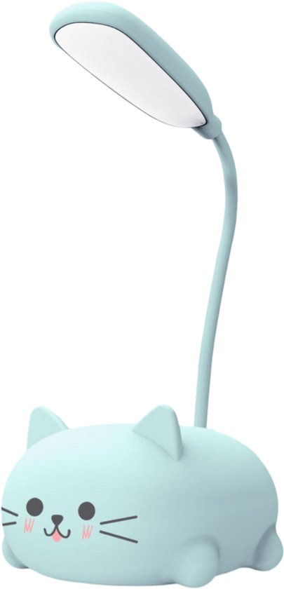 Lichtblauwe kattenbureaulamp met flexibele nek en LED-lamp, op witte achtergrond.