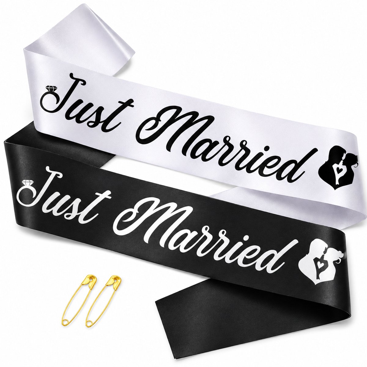 Gloovon® Just Married Sjerp Set - Bruid en Bruidegom Linten - Met Veiligheidsschilden - Satijn - 160x9.5 cm - Zwart & Wit