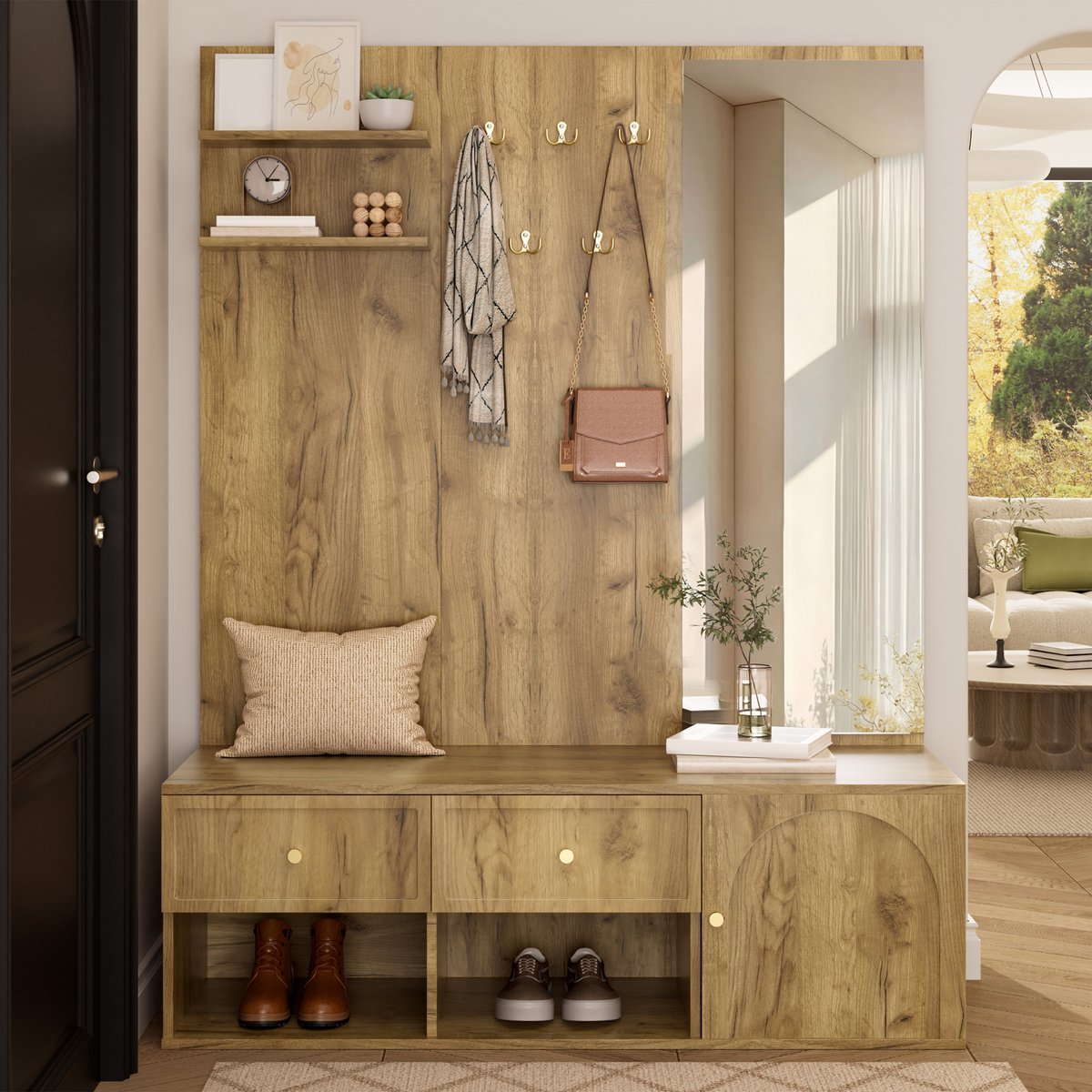 VVBV Garderobeset 120x35x159 cm - Met Spiegel, 5 Haken, Opbergruimte, Met Lades - Naturel, Spaanplaat