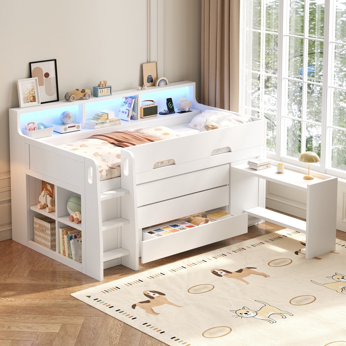 Halfhoogslaper 90 x 200 cm - met drie lades - verplaatsbaar ingebouwd bureau - LED-verlichting en USB-poort - wit - zonder matras