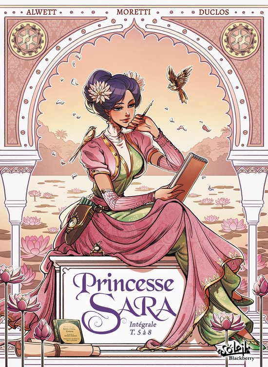 Strips van Princesse Sara, integraal T5 tot 8. Een vrouw in roze-groene victoriaanse kleding tekent in een tuin.