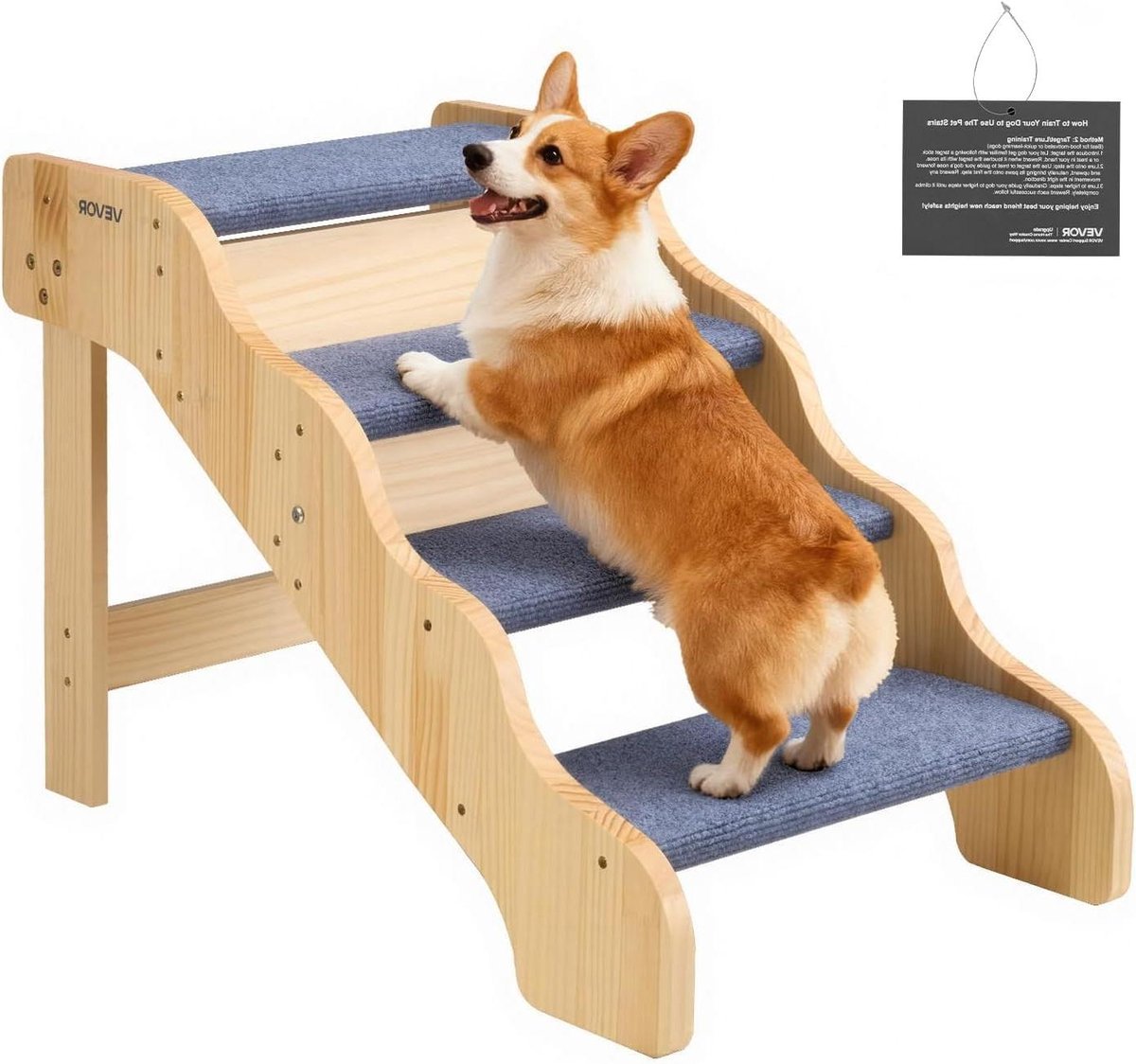 Huisdiertrap - Hondentrap Kattenladder - Huisdieren Helpen Klimmen - 4-Traps Ontwerp - 150 lbs draagvermogen - Houtkleur Blauw