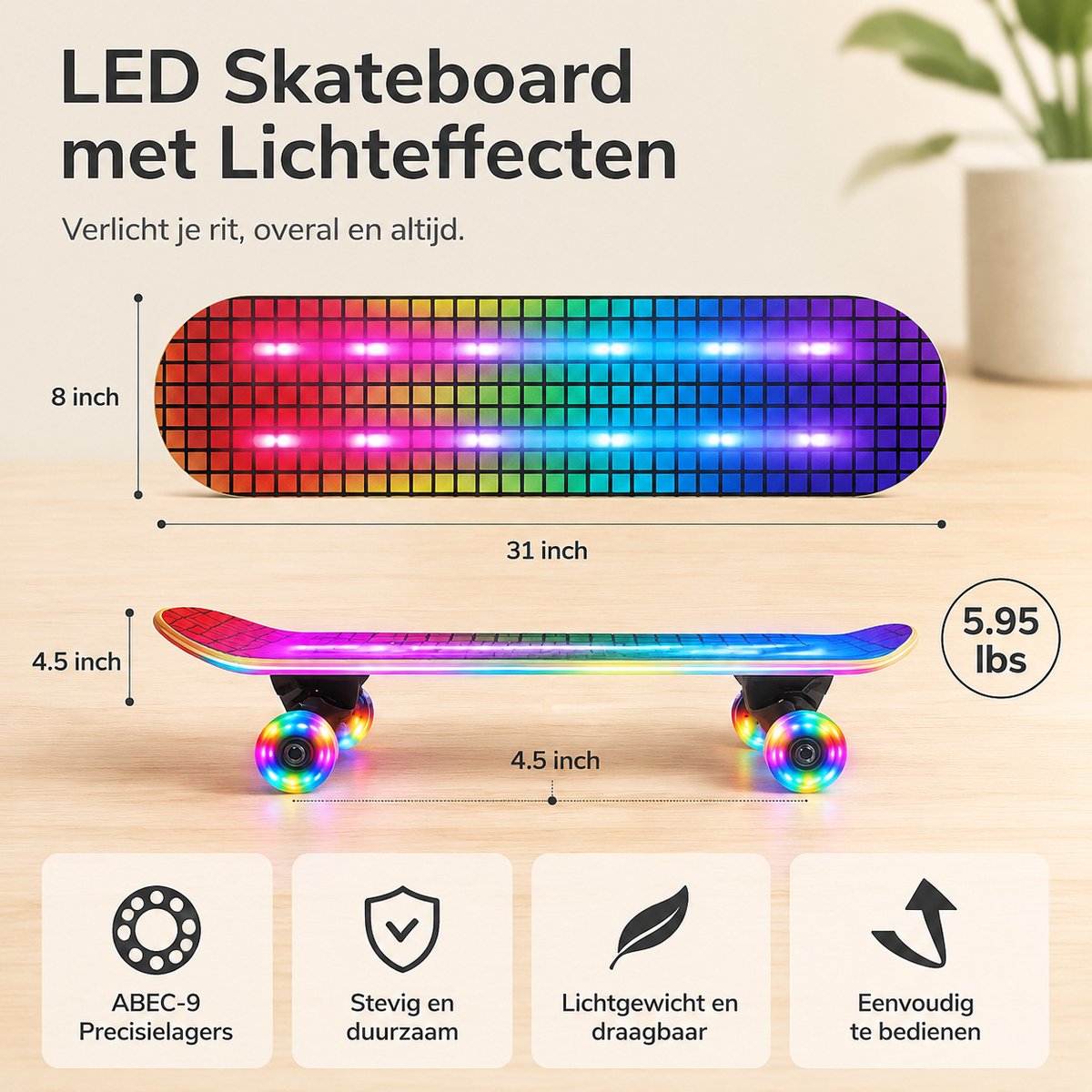 Suotu Skateboard met LED Lichtgevend Dek & Wielen - 80x20cm - ABEC-9 - 95A - Schokabsorptie - Jongens - Meisjes - Volwassenen Skateboards - Gekleurd raster — afbeelding 7